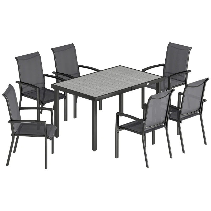 Outsunny Ensemble d'extérieur 7 pièces avec table de jardin en 2 sections et 6 chaises empilables en texteline, Gris