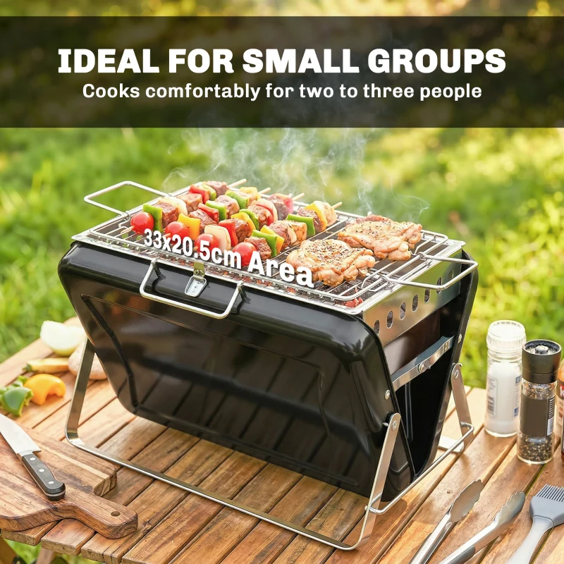 Outsunny Grill na węgiel drzewny ze stali nierdzewnej BBQ Smoker z rusztem, uchwytem, składanymi nogami do grillowania na tarasie, campingu 40x28x25,5 cm czarny