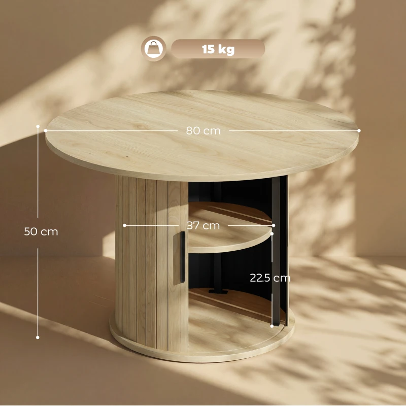 HOMCOM Masă de cafea rotundă, masă pentru living cu depozitare, ușă glisantă cu lamele, 2 rafturi, efect lemn natural