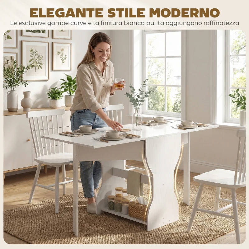 HOMCOM Tavolo da Pranzo Pieghevole per 4 Persone con Ripiano, in Legno, 160x60x75 cm, Bianco