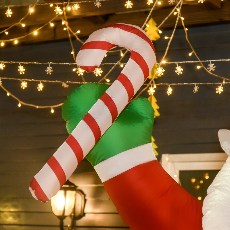 HOMCOM Decoración navideña inflable, Papá Noel de 2,4 m con iluminación LED, bastón de caramelo para interior y exterior