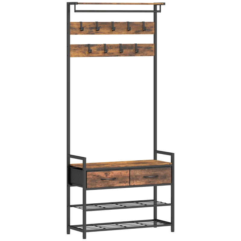 HOMCOM Porte-manteau sur pied avec crochets, banc à chaussures, organiseur d'entrée industriel, cadre en acier, Brun rustique