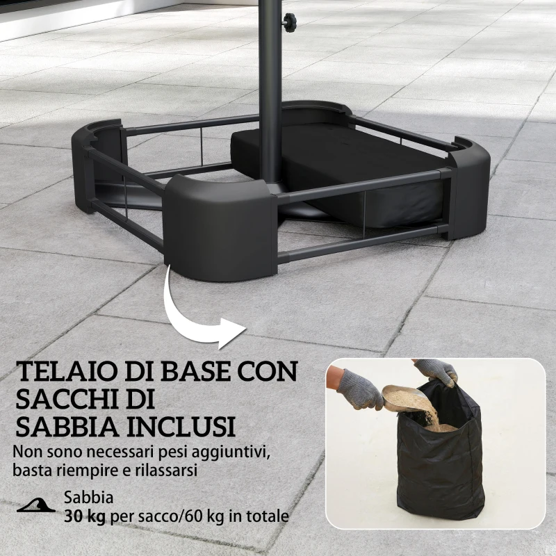 Outsunny Ombrellone Doppio a 12 Stecche con Manovella, Base a Croce e Sacchi, in Metallo e Poliestere, 3x1.5 m, Beige