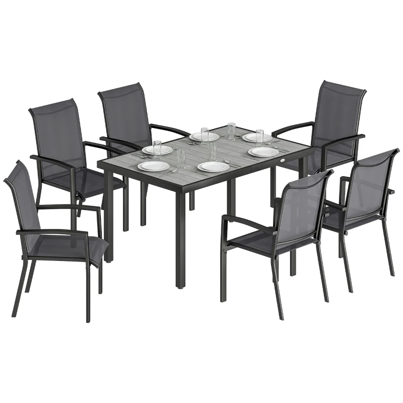 Outsunny Ensemble d'extérieur 7 pièces avec table de jardin en 2 sections et 6 chaises empilables en texteline, Gris