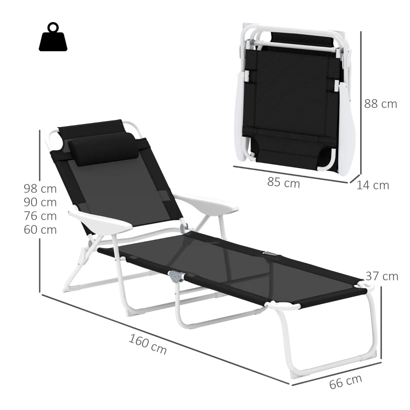 Outsunny Transat pliable avec coussin, chaise longue avec dossier réglable 4 positions jusqu'à 120 kg Noir