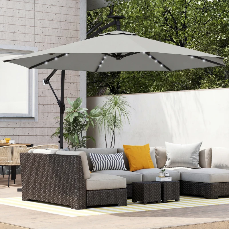 Outsunny Ombrellone a braccio con LED solari e manovella, Ø300 cm, Grigio chiaro