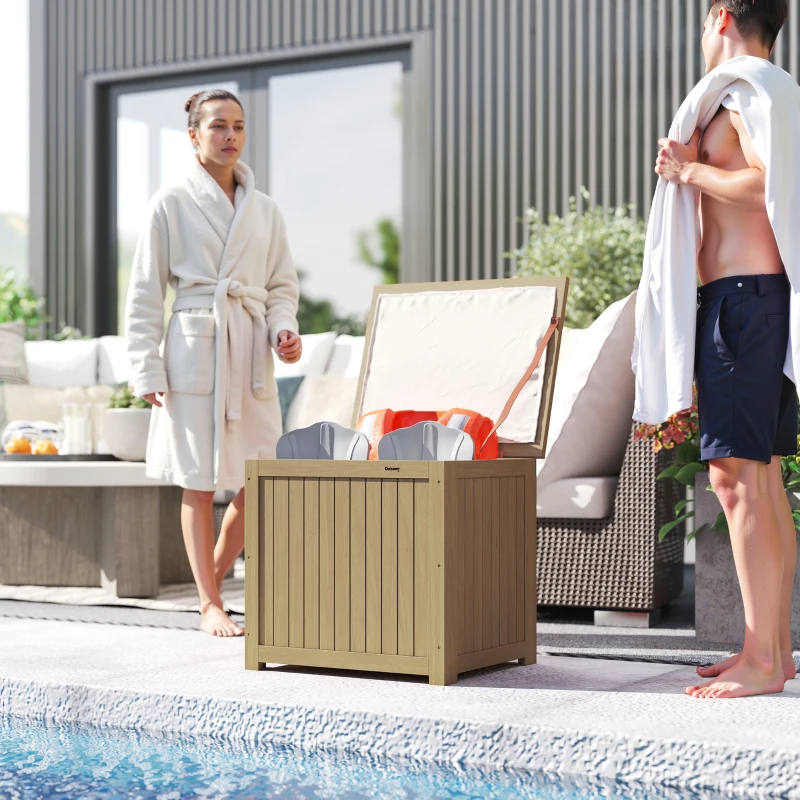 Outsunny Coffre d'extérieur en bois 130L Coffre de rangement extérieur avec doublure Couvercle à charnières et sangle 63x51x58,5 cm Marron