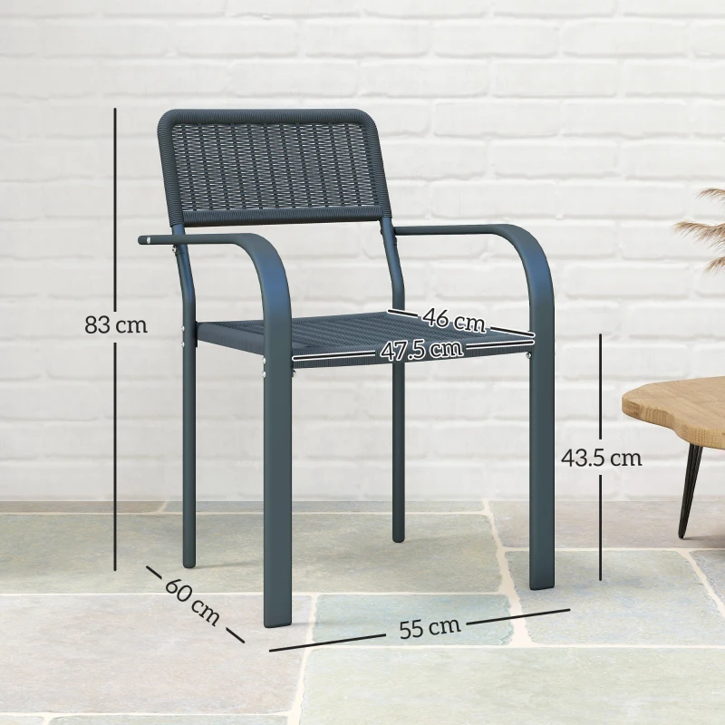 Outsunny Set 4 sedie da giardino impilabili con braccioli e telaio in acciaio, Grigio scuro