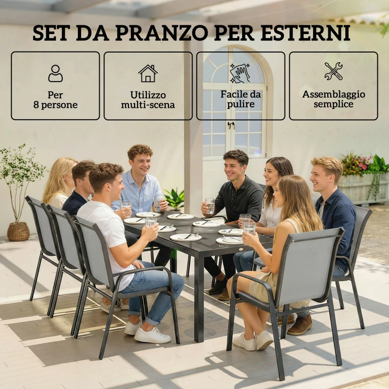 Outsunny Set da Esterno 9pz con 8 Sedie Impilabili in Texteline e Tavolino da Caffè con Piano in Vetro, Grigio Chiaro