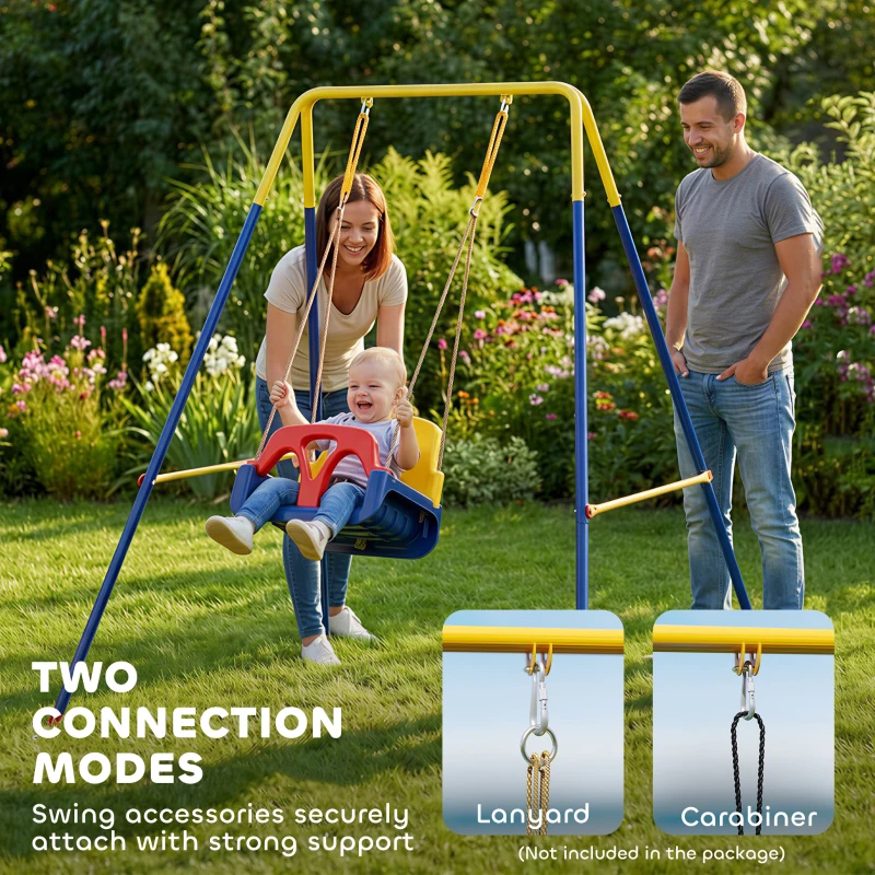 AIYAPLAY Składany stojak na huśtawkę, z ramą w kształcie litery A, 2 haki, 4 kotwy gruntowe, dla dzieci od 9 miesięcy do 8 lat, 128x155x157 cm, niebieski