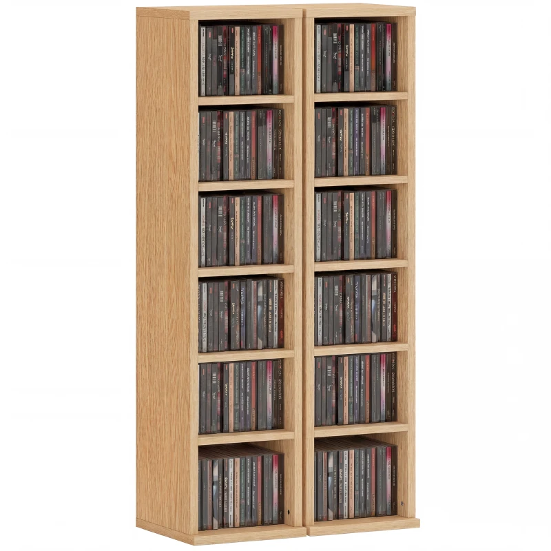 HOMCOM Set 2 Mobili Porta CD a 6 Ripiani Regolabili per 204 CD in Legno, 21x22.5x88.5 cm, Color Legno