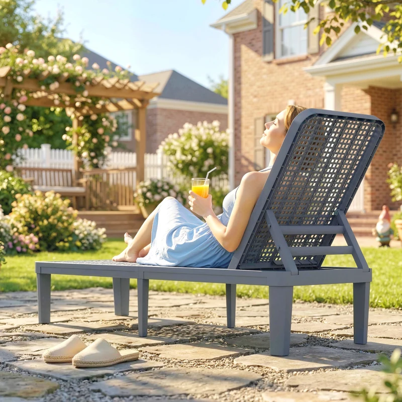 Outsunny Șezlong reclinabil de grădină exterior cu spătar reglabil în 4 poziții și cadru din PP 191x55x35,5 cm Gri închis