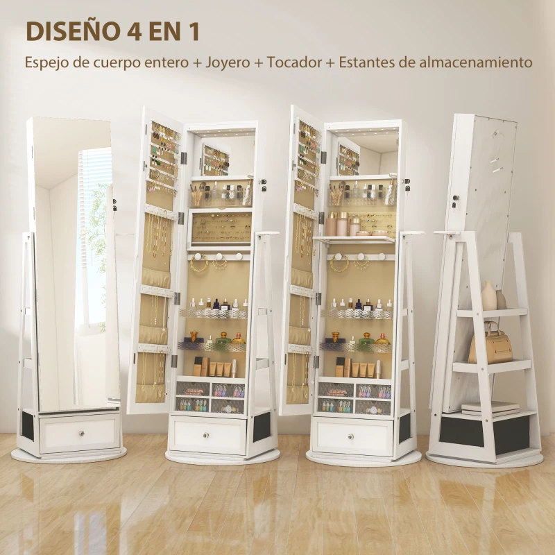 HOMCOM Espejo Joyero con Luces LED Armario Joyero con Espejo Entero Giratorio de 360° Cajón Cerradura Blanco