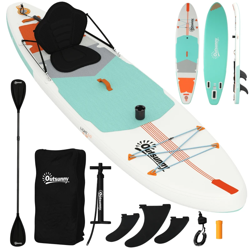 Outsunny Planche de Paddle Surf Gonflable SUP Extra Longue 335 cm avec Siège Pagaie Convertible Ailerons Pompe et Sac de Transport Charge 180 kg