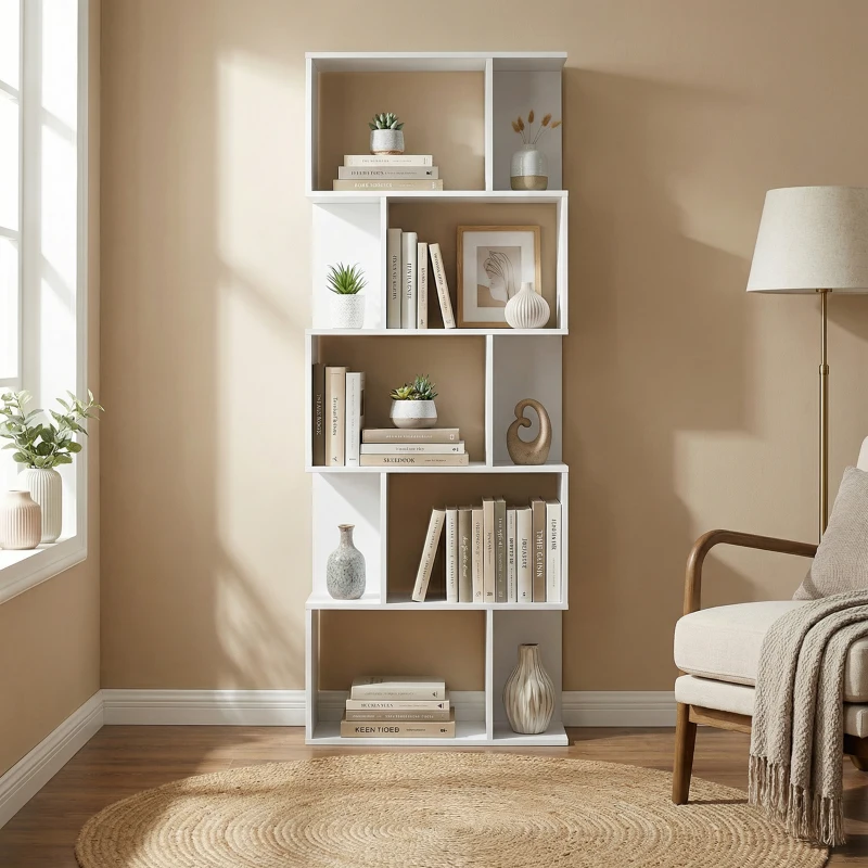 HOMCOM Raft pentru Cărți cu 5 Rafturi Separate, Bibliotecă în Formă de S din Lemn, 60x24x184,5 cm, Alb