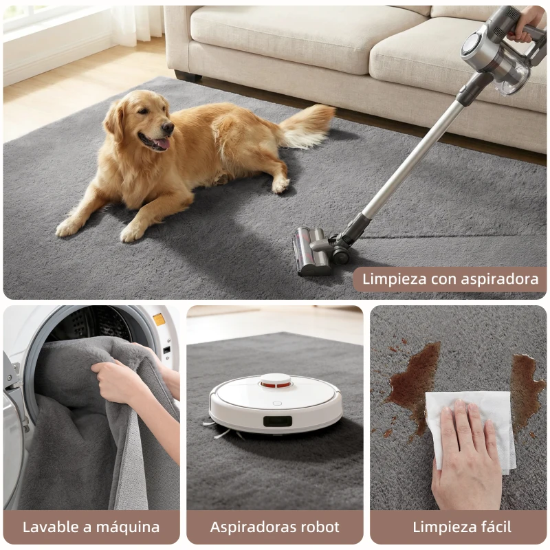 HOMCOM Alfombra Salón 120x160 cm Lavable en Lavadora Pelo Largo Estilo Moderno Tapete para Sala de Estar Dormitorio Gris Claro