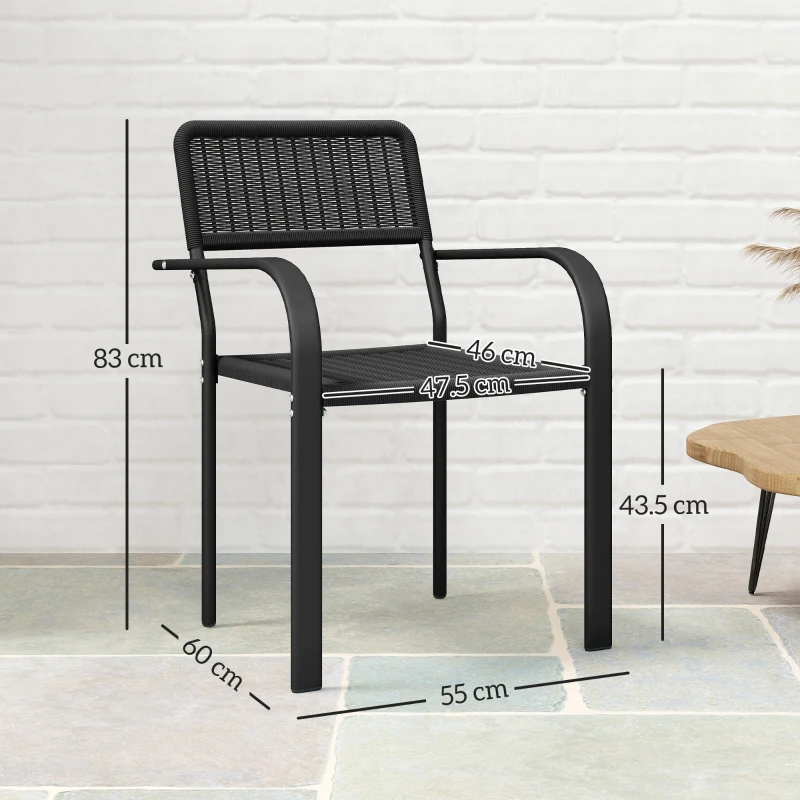 Outsunny Set 4 sedie da giardino impilabili con braccioli e telaio in acciaio, Nero