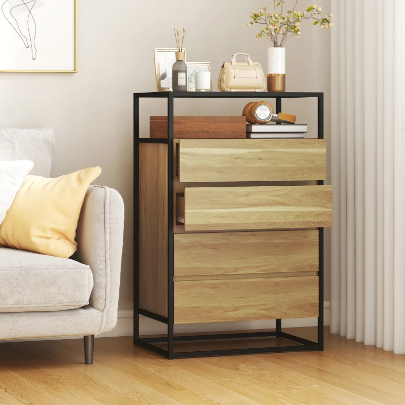 HOMCOM Schlafzimmerkommode mit 4 Schubladen, Oberfläche aus gehärtetem Glas, offenes Fach, Stahlkonstruktion, 60x40x94,5 cm, Teak