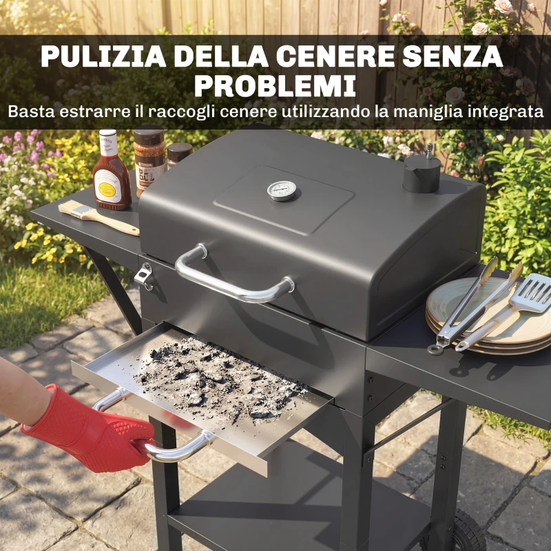 Outsunny Barbecue a Carbone con 2 Ripiani Laterali, Termometro, Coperchio e Ruote, 110x46.5x101 cm, Nero