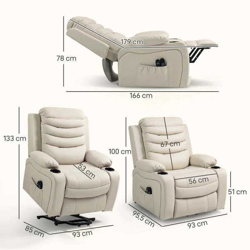 HOMCOM Sillón Relax Reclinable Eléctrico Levanta Personas con Masaje Vibratorio y Calor Puerto USB Control Remoto Crema