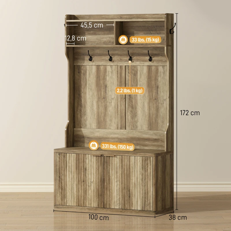 HOMCOM Porte-manteau range-chaussures 4 en 1 Porte-manteau moderne avec étagère ouverte pour couloir entrée chambre 100x38x172 cm Chêne