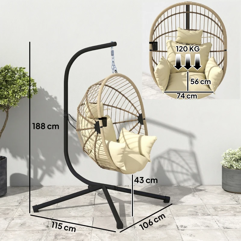 Outsunny Hänge-Ei-Sessel, Schaukel-Hängestuhl Innen und Außen, Klappbarer Korb, Gepolstertes Kissen, Kaki