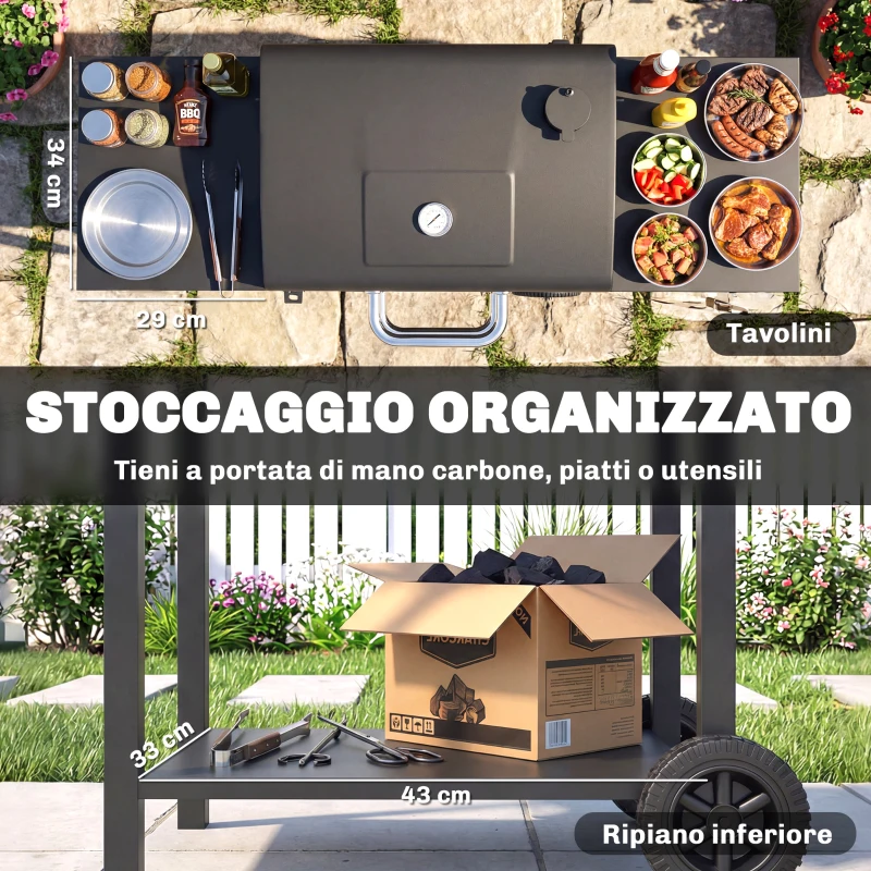 Outsunny Barbecue a Carbone con 2 Ripiani Laterali, Termometro, Coperchio e Ruote, 110x46.5x101 cm, Nero