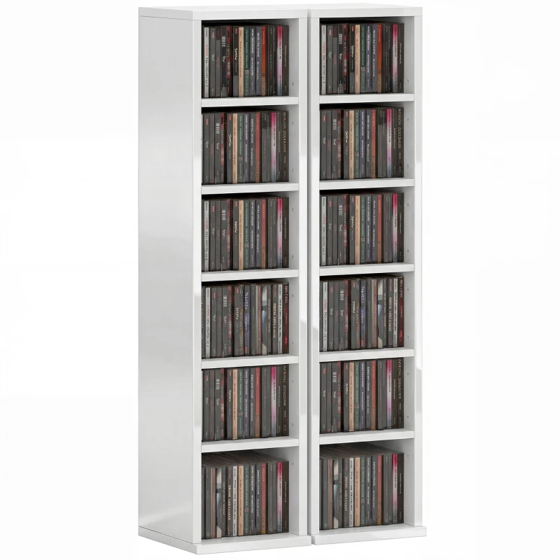 HOMCOM Set of 2 CD Media Display Shelf Unit Tower Rack with Adjustable Shelves, High Gloss White