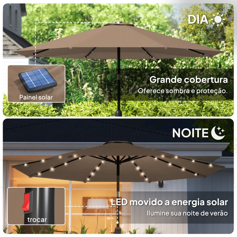 Outsunny Chapéu de Sol com 32 Luzes LED Solares Ø265 cm, Inclinável com Manivela e Mastro de Aço para Terraço, Pátio e Exterior Cáqui