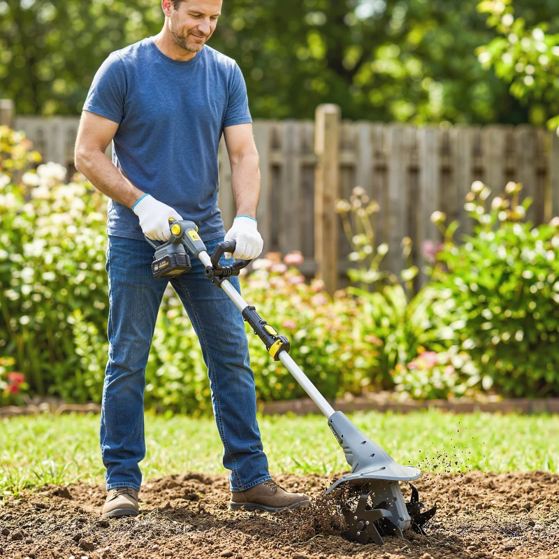 Outsunny Motocultor fără fir, Rotavator electric 18V cu 2 baterii 4000mAh, încărcător, lățime de lucru 20 cm Gri