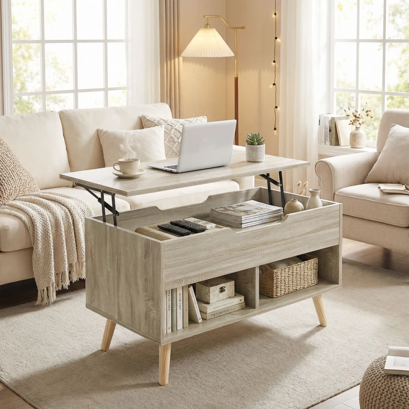 HOMCOM Table basse relevable, table de salon avec compartiment caché et étagères ouvertes, 75 x 40 x 58 cm, bois naturel