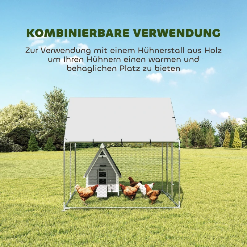 PawHut Freilaufgehege Verzinkter Stahl Hühnerstall mit wetterfester UV-Dachabdeckung abschließbarer Tür 2x2x2 m Silber