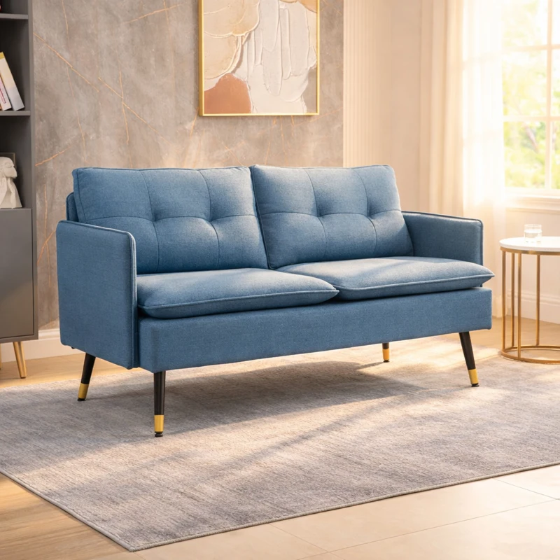 HOMCOM Canapele cu 2 locuri pentru camera de zi din tesatura cu buton cu perne, albastru inchis