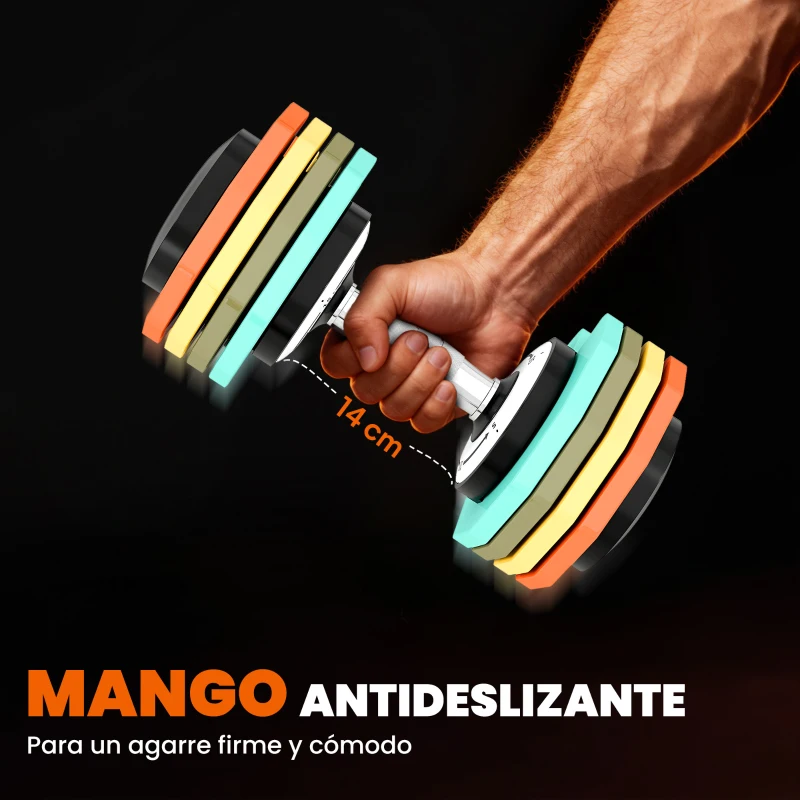 SPORTNOW Mancuerna Ajustable 5 en 1 de 5 a 25 kg con Base de Almacenamiento y Mango Antideslizante para Casa Gimnasio Multicolor
