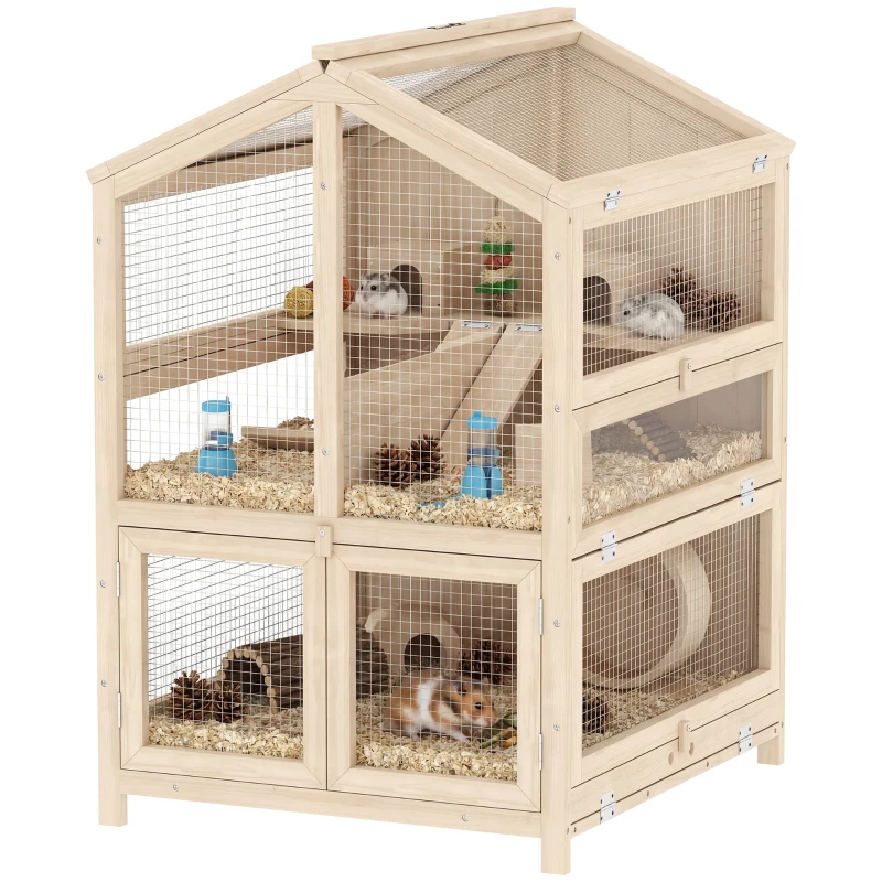 PawHut Cușcă pentru Hamsteri din Lemn cu 3 Niveluri cu Adăpătoare, Căsuțe, Leagăne, Tavă Detașabilă și Capace Rabatabile Natural