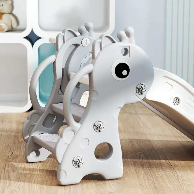 AIYAPLAY 3 in 1 Kids Slide with Climber, Basketball Hoop and Ball, Giraffe Shape Climber Slide for Indoor Kids Age 1-3, Grey