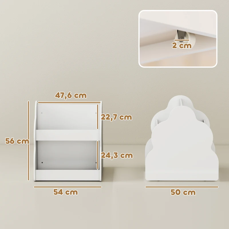AIYAPLAY Estantería infantil, estantería para niños de 2 niveles con ruedas, 4 estantes, para dormitorio infantil, sala de juegos, 54x50x56 cm, Blanco