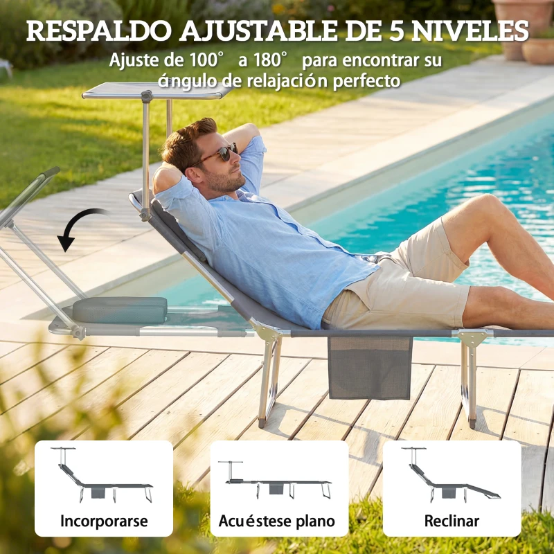 Outsunny Set de 2 Tumbonas Plegables Reclinables con Dosel 360° Orificio Facial Bolsillo Lateral y Textilene 550 g/m² Gris