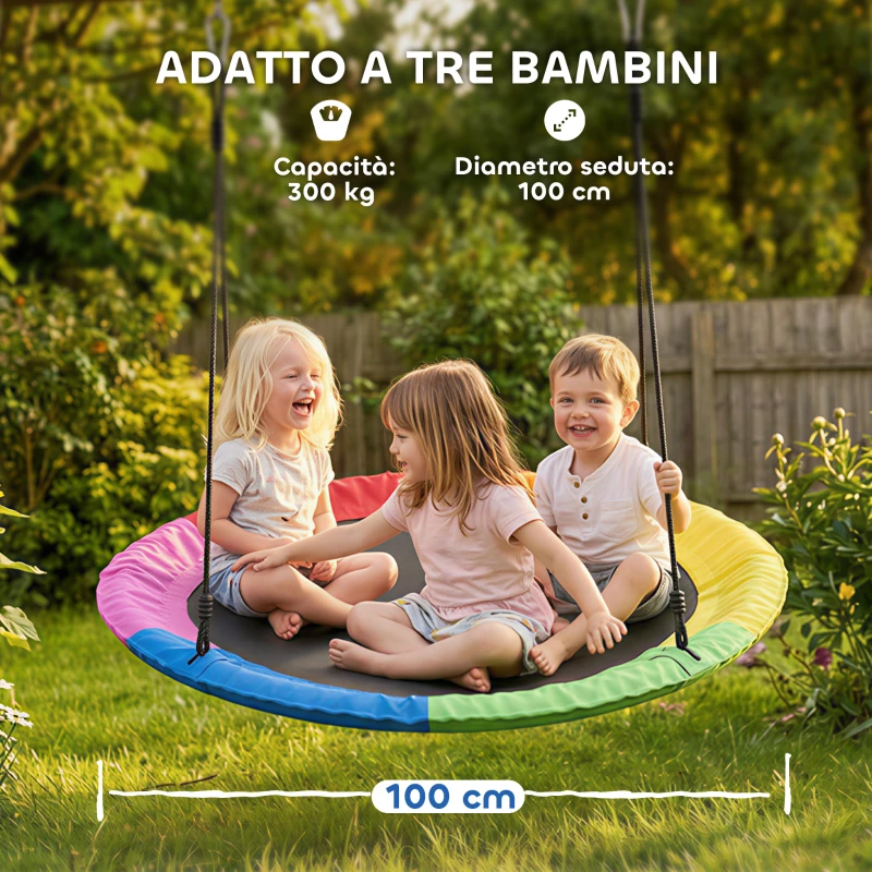 AIYAPLAY Altalena Nido per Bambini 3-8 Anni con Corde e Cinghie, in PE e Tessuto Oxford, 100x100x180 cm, Multicolore