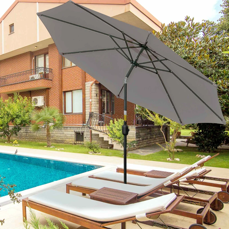 Outsunny Chapéu de Sol para Terraço Exterior, Ø265 cm, Guarda-sol de Jardim com 32 Luzes LED Solares, Poste de Aço e Manivela Inclinável, para Pátio, Terraço, Cinzento
