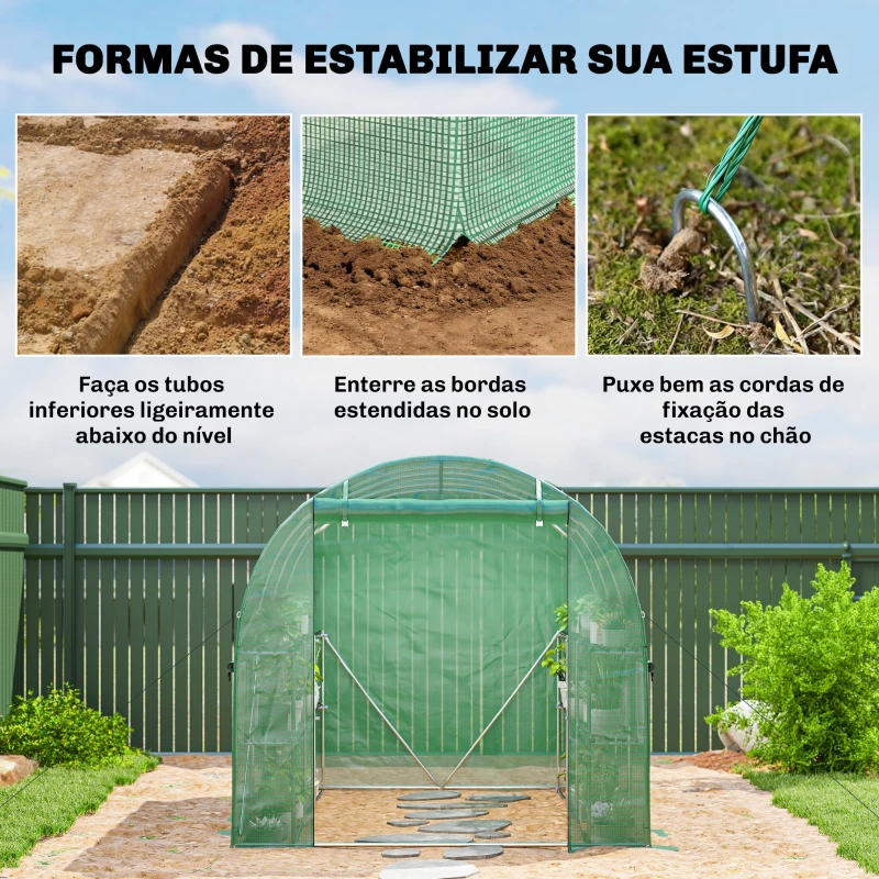 Outsunny Estufa Tipo Túnel 2,8x2x1,9 m com Prateleiras Estufa de Jardim com Porta Enrolável, 6 Janelas de Rede Verde