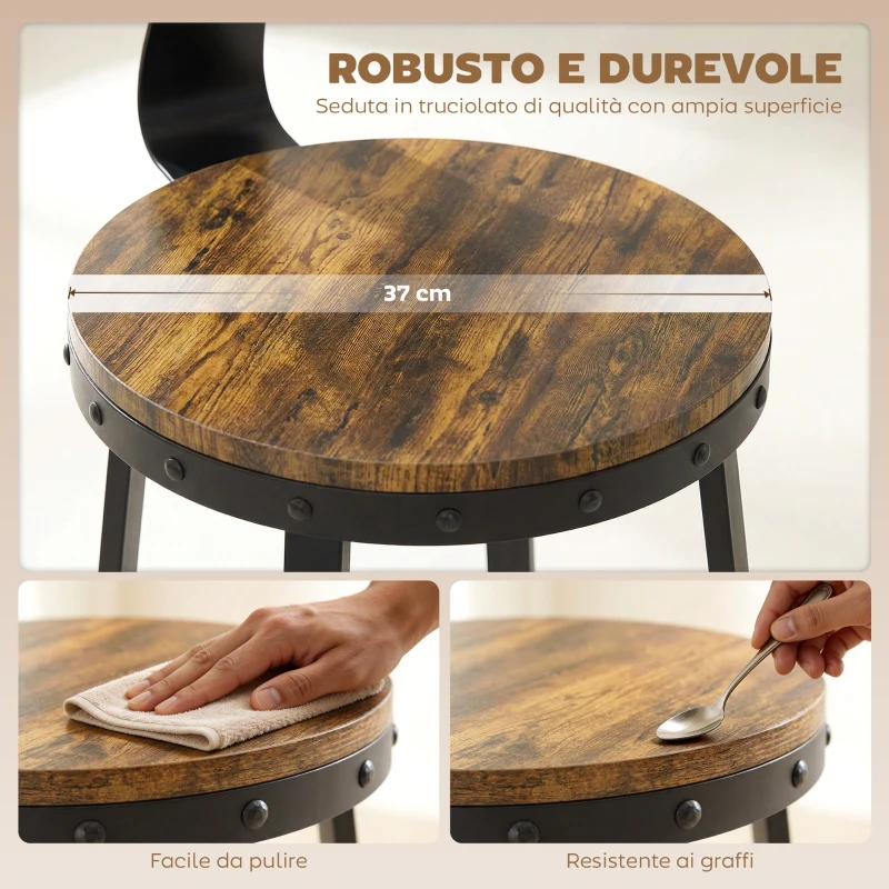 HOMCOM Set 2 Sgabelli da Bar Stile Rustico con Poggiapiedi, in Legno e Metallo, 37x47x96 cm, Marrone