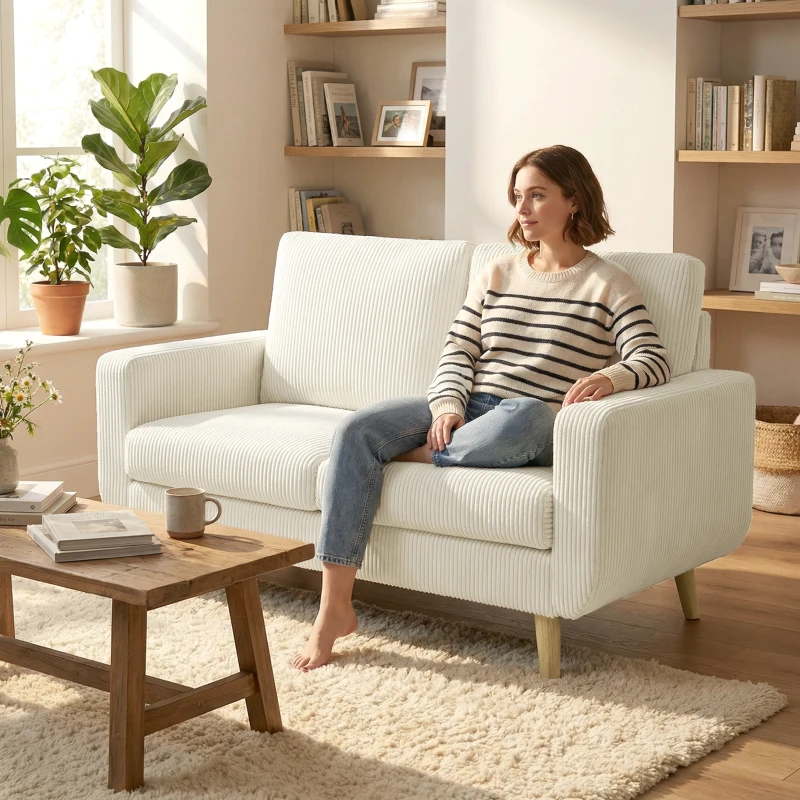 HOMCOM 2-Sitzer-Sofa aus Kordvelours, modernes Wohnzimmersofa 134 cm, gepolsterte Sitzfläche, Taschenfederkernkissen, Creme