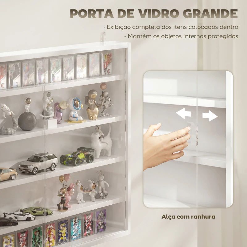 HOMCOM Vitrine de Parede com Prateleiras Ajustáveis e 2 Portas Corredeiras de Vidro para Coleções 80x9,5x60 cm Branco