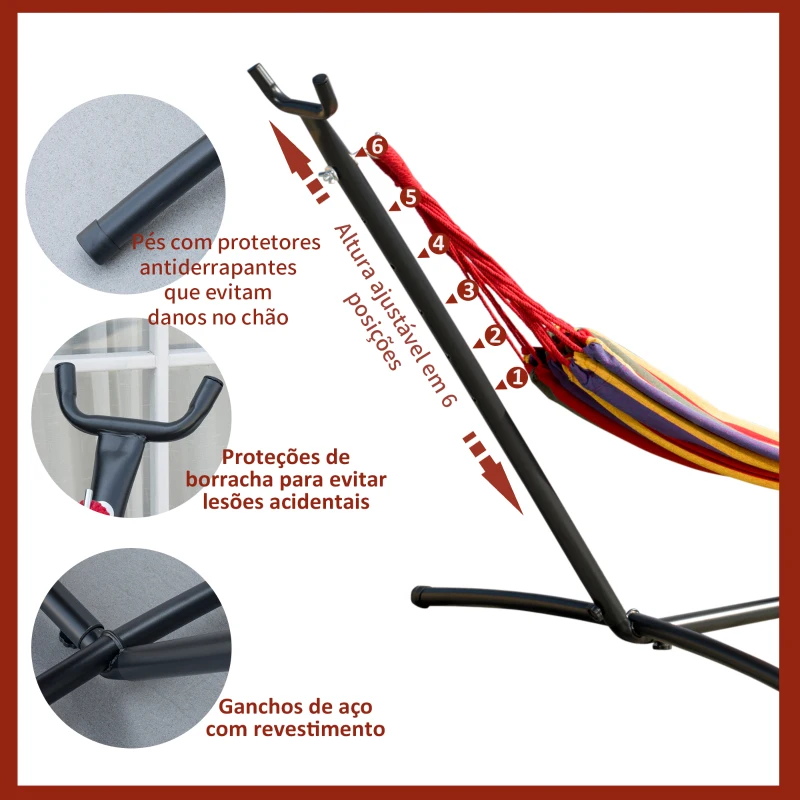 Outsunny Cama Rede com Suporte de Aço Portátil com Altura Ajustável em 6 Níveis com Bolsa de Transporte para Jardim Sala de Estar Carga Máxima 150kg 200x150cm Multicor