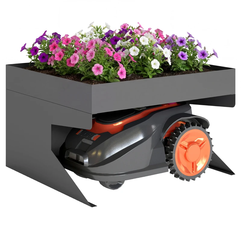 Outsunny Garage pour robot-tondeuse avec bac à plantes, garage robuste en acier galvanisé, Noir