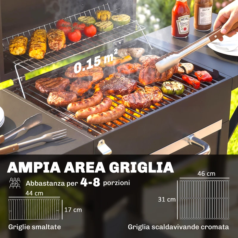 Outsunny Barbecue a Carbone con 2 Ripiani Laterali, Termometro, Coperchio e Ruote, 110x46.5x101 cm, Nero