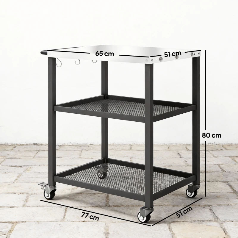 Outsunny Grillwagen 3-laags serveerwagen met verstelbaar werkblad, planken, haken en wielen 77 x 51 x 80 cm Zwart
