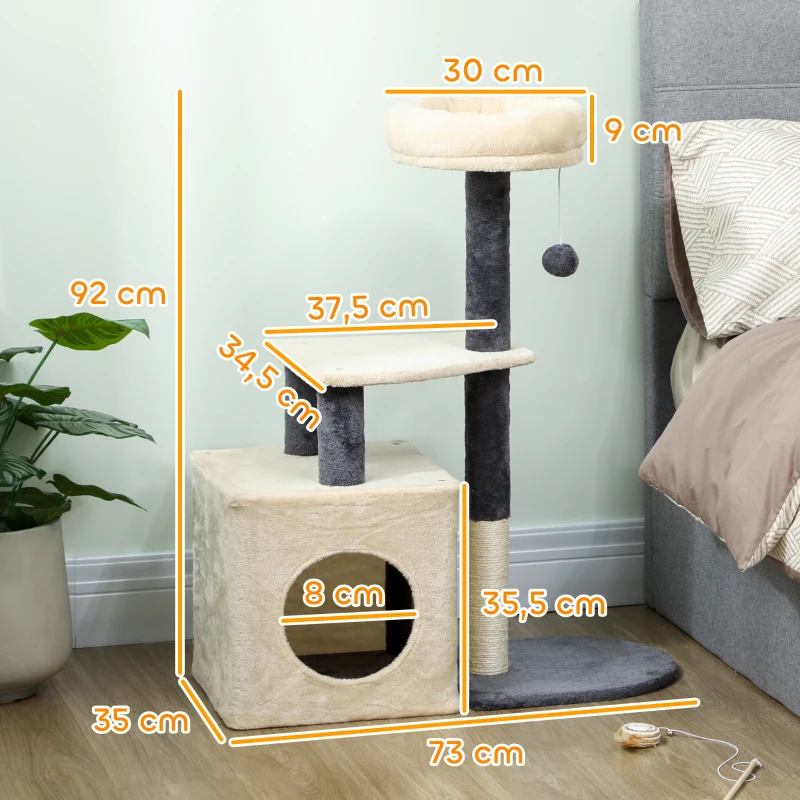 PawHut Árbol Rascador para Gatos Alto 92 cm con Casita, Camita, Postes de Sisal y Pelotita, Blanco Crema
