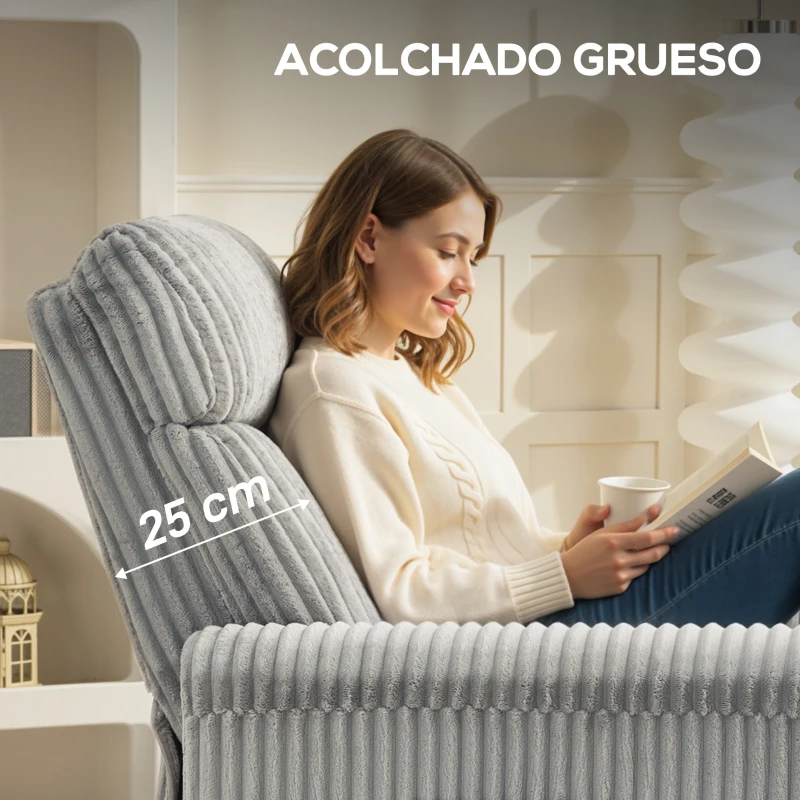 HOMCOM Sillón Relax Reclinable Manual Tapizado en Pana Instalación Rápida Reposapiés Acolchado Grueso Gris Claro